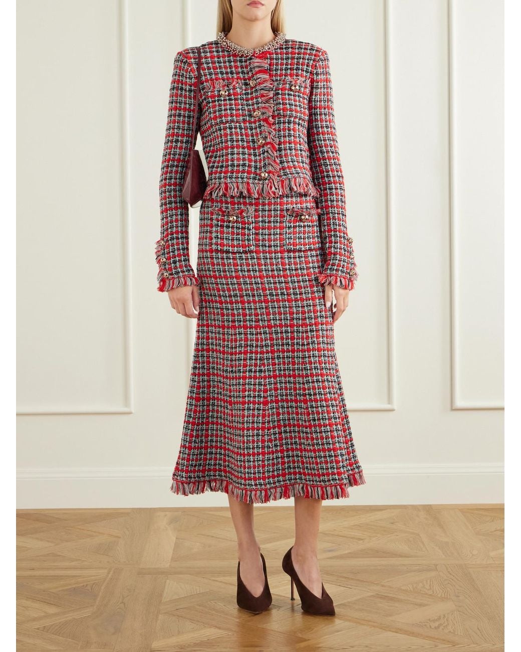 Self-Portrait Red Frayed Wool And Cotton-Blend Tweed Midi Skirt