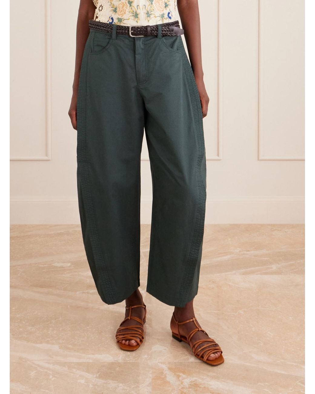 Sea Green Odessa Belted Cotton Wide-Leg Pants