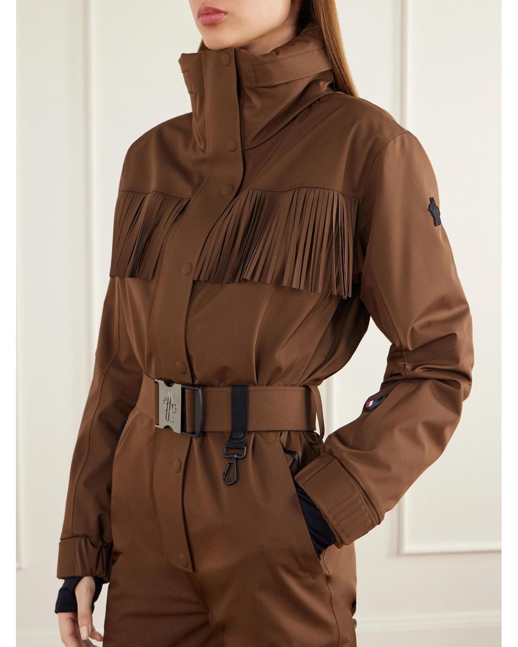 Moncler Brown Fringe-Trimmed Belted Tech-Poplin Ski Jacket