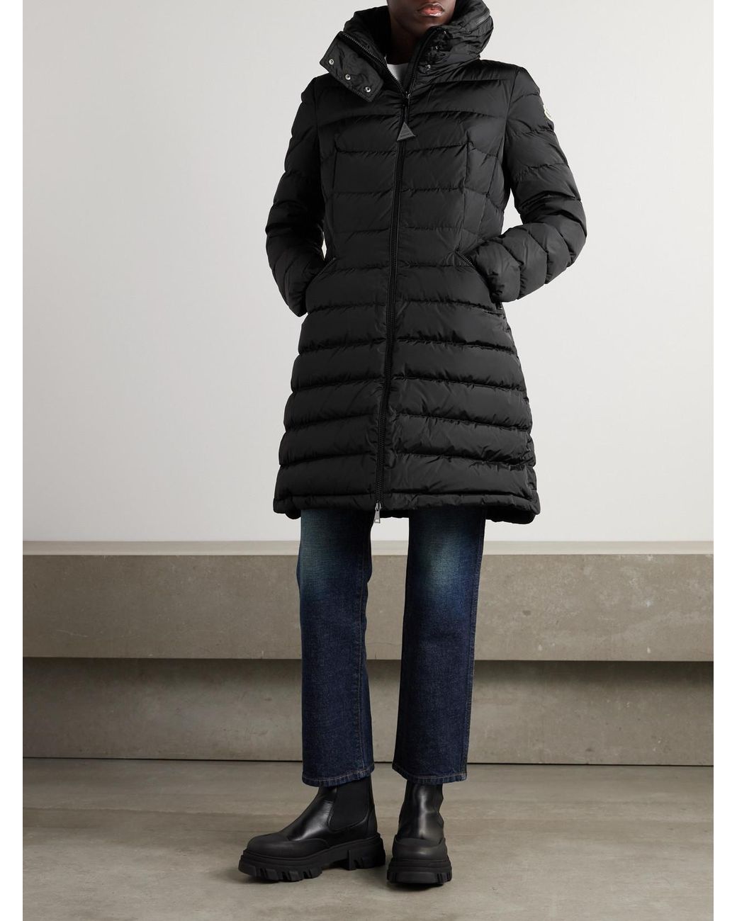 Moncler Black Flammette Hooded Quilted Shell Coat
