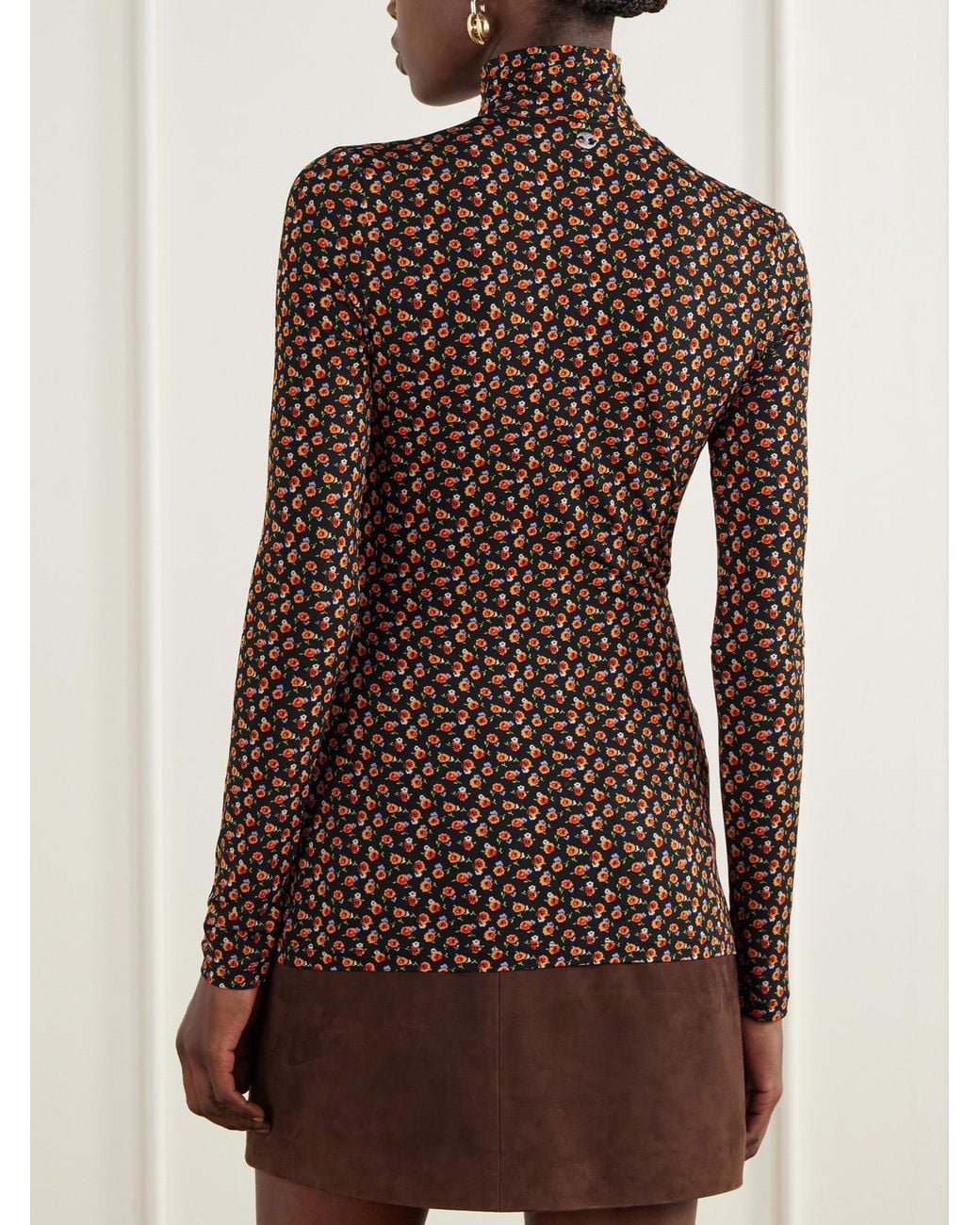 Rabanne Brown Floral-Print Stretch-Jersey Turtleneck Top