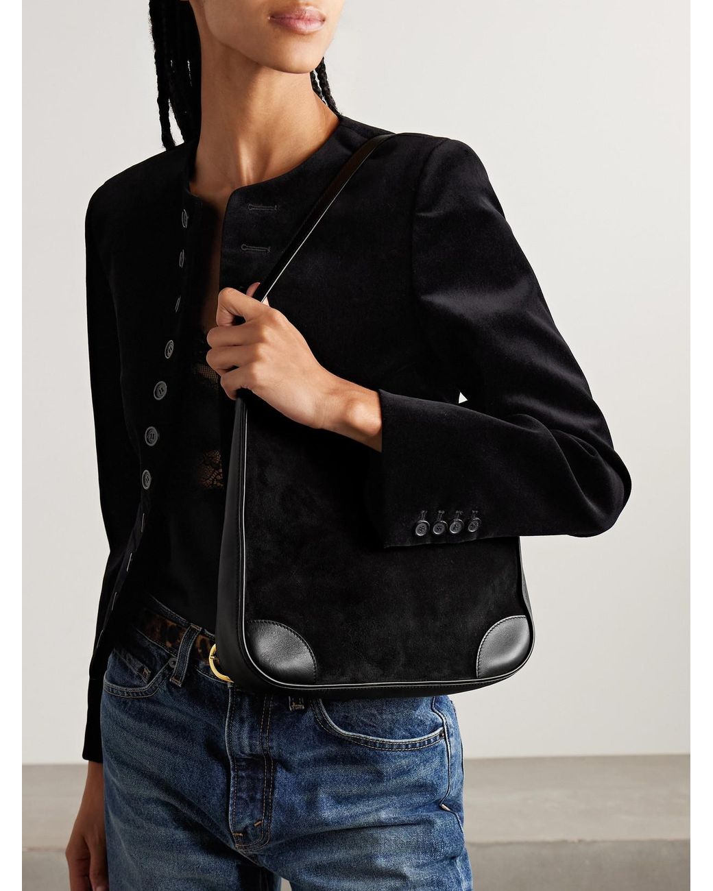 Nili Lotan Black Abbey Leather-Trimmed Suede Shoulder Bag