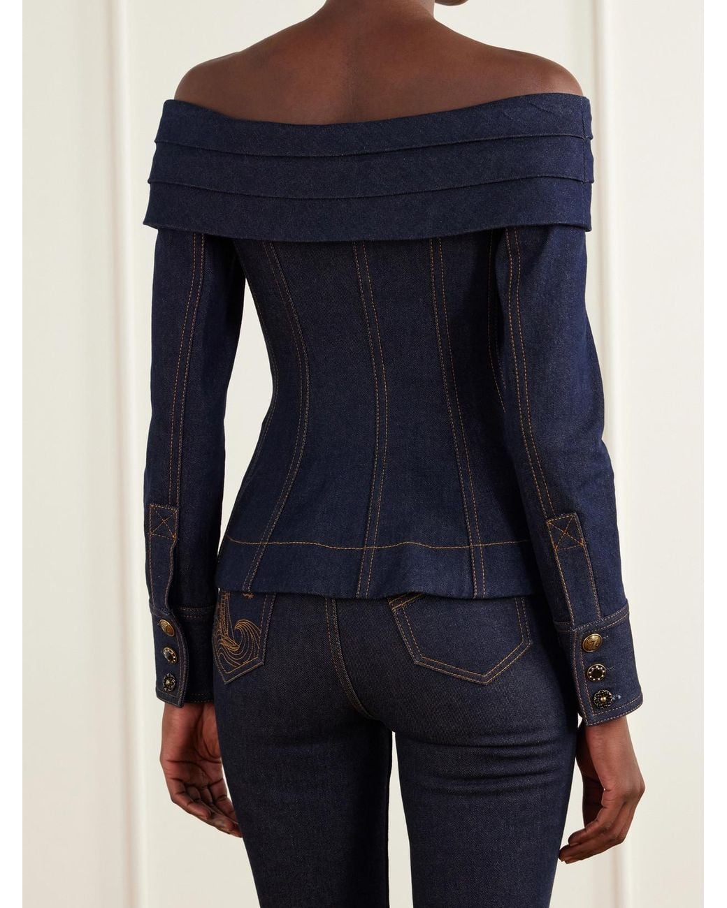 Zimmermann Blue Clash Off-The-Shoulder Pleated Denim Blouse