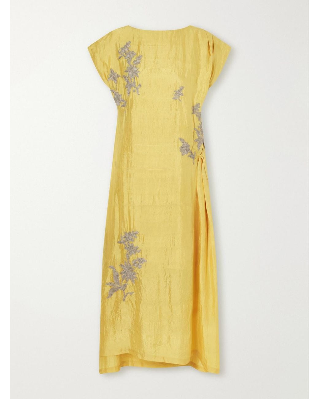 Kartik Research Yellow Embroidered Pleated Crinkled Silk-Dupioni Midi Dress