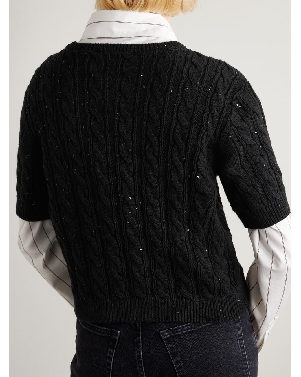 FRAME Black Sequin-Embellished Cable-Knit Cotton-Blend Sweater