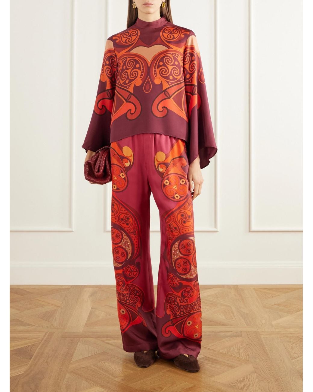 LaDoubleJ Red Club Printed Silk-Twill Wide-Leg Pants