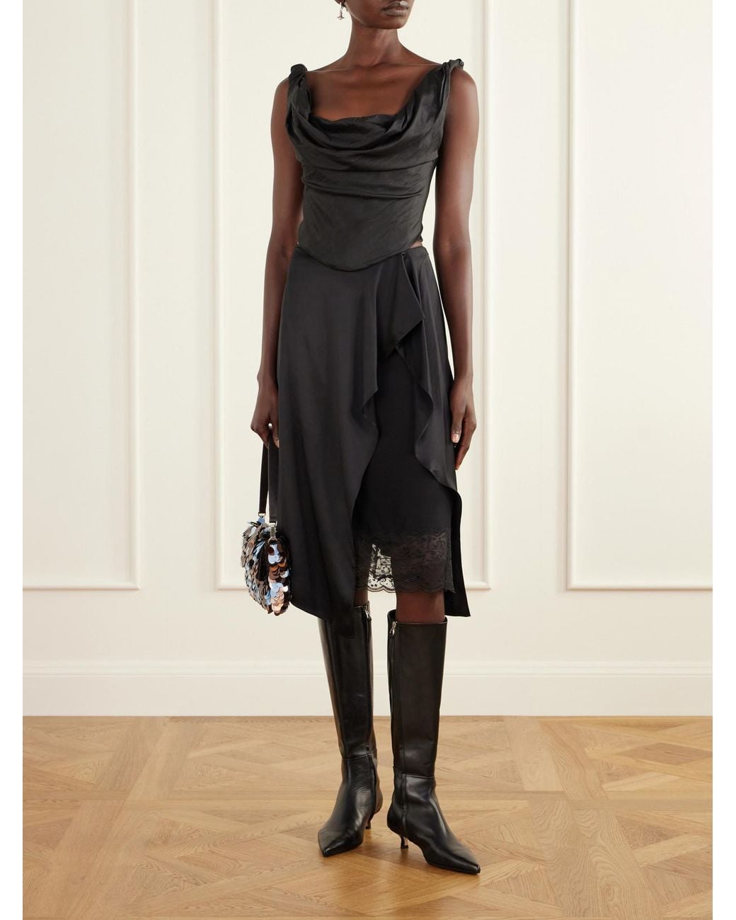 Staud Black Olivia Draped Silk-Dupioni Bustier Top