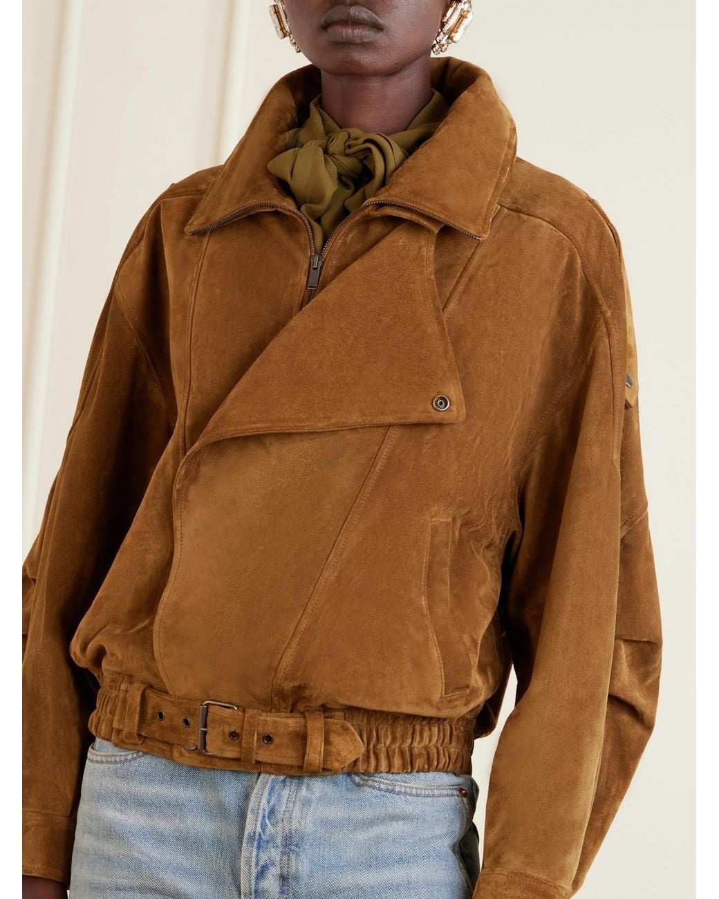 Saint Laurent Brown Paneled Suede Bomber Jacket