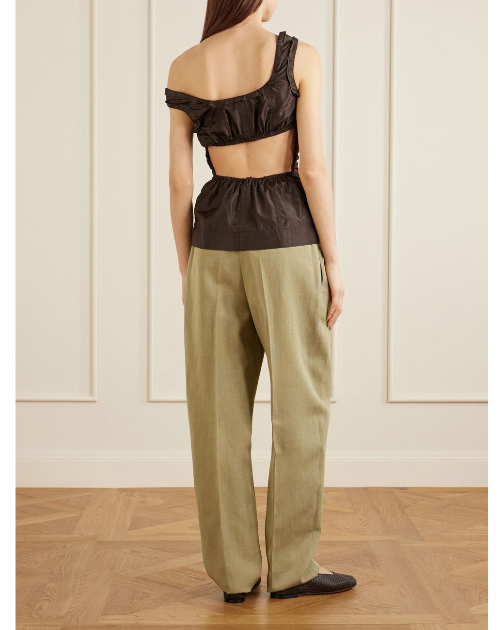 Bottega Veneta Brown Gathered Paneled Silk-Taffeta Tank