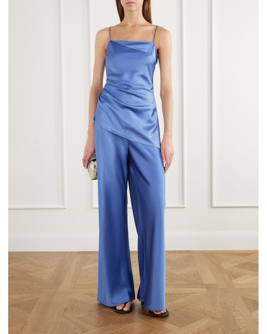 La Ligne Blue Asymmetrical Gathered Satin Cami