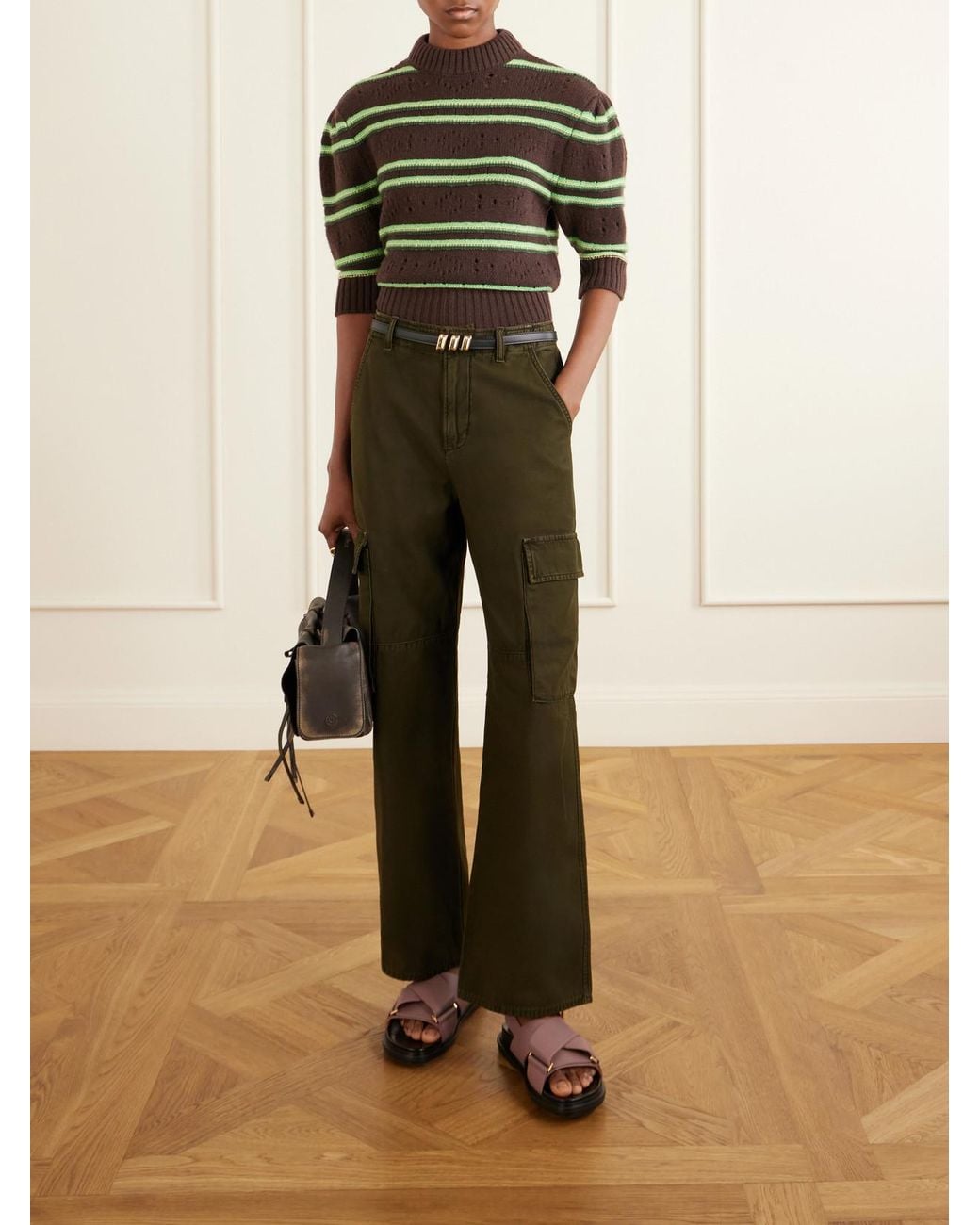 Marni Green Cropped Striped Open-Knit Cashmere Sweater
