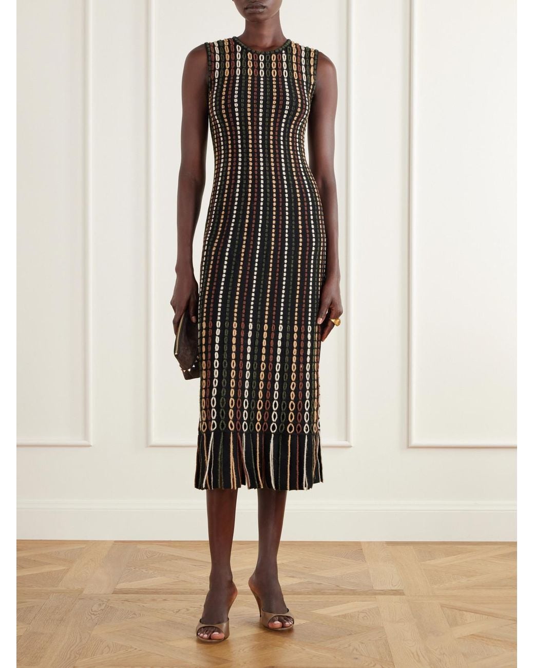Ulla Johnson Black Amina Cut-Out Fringed Jacquard-Knit Wool-Blend Midi Dress