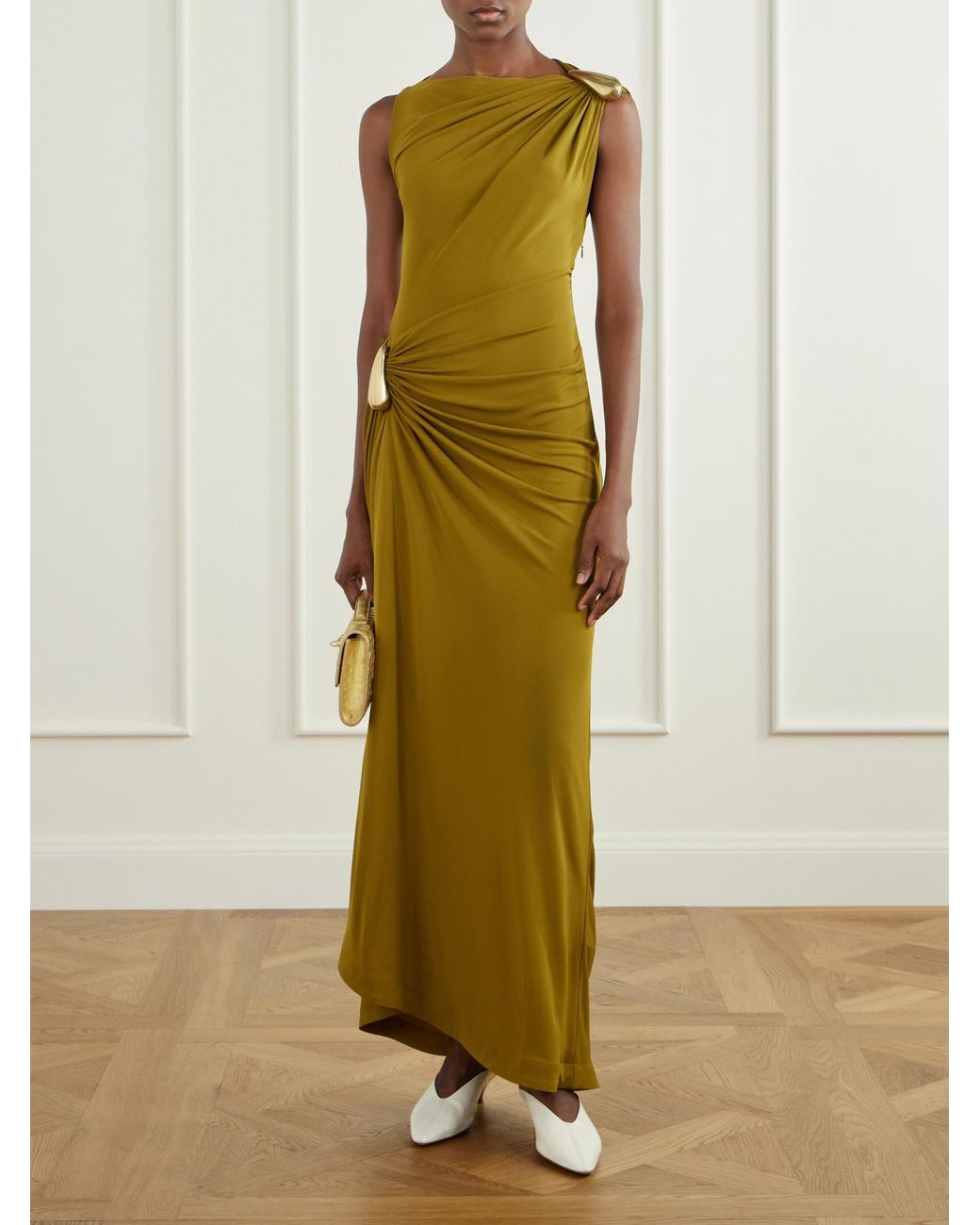 Bottega Veneta Metallic Gathered Embellished Crepe-Jersey Maxi Dress