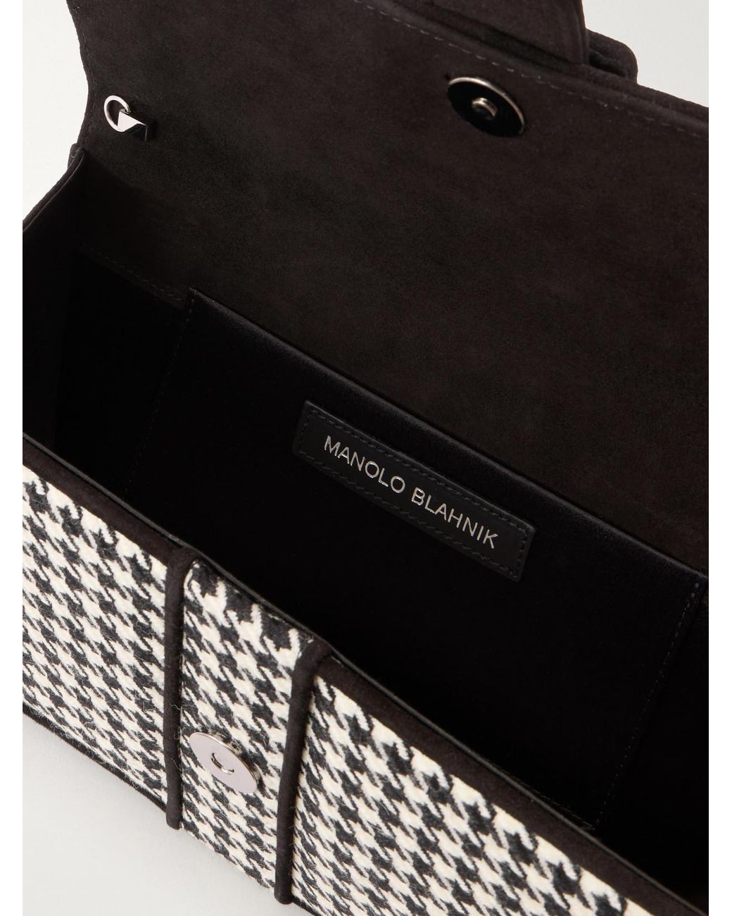 Manolo Blahnik Black Maycap Suede-Trimmed Houndstooth Wool Clutch