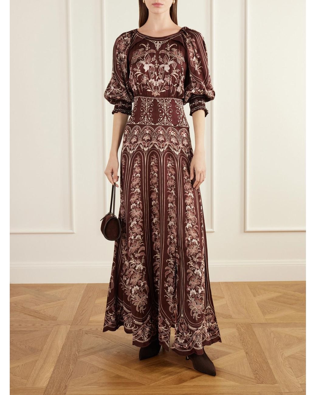 Farm Rio Brown Liz Printed Satin Maxi Dress