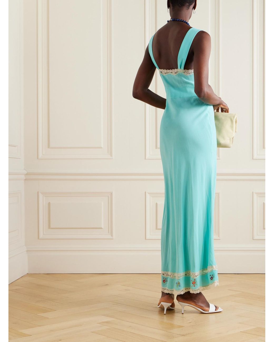 lucie midi dress rixo Lucie lace-trimmed embroidered crepe de chine midi dress - blue