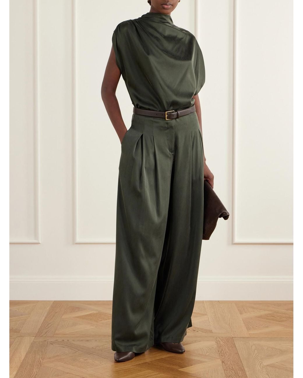 Twp Green Drew Pleated Silk-Blend Charmeuse Mid-Rise Wide-Leg Pants