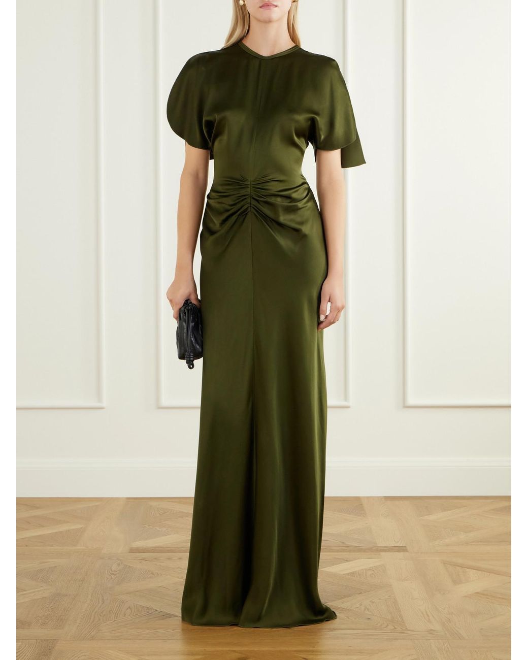 Victoria Beckham Green Isabella Gathered Crepe-Satin Gown