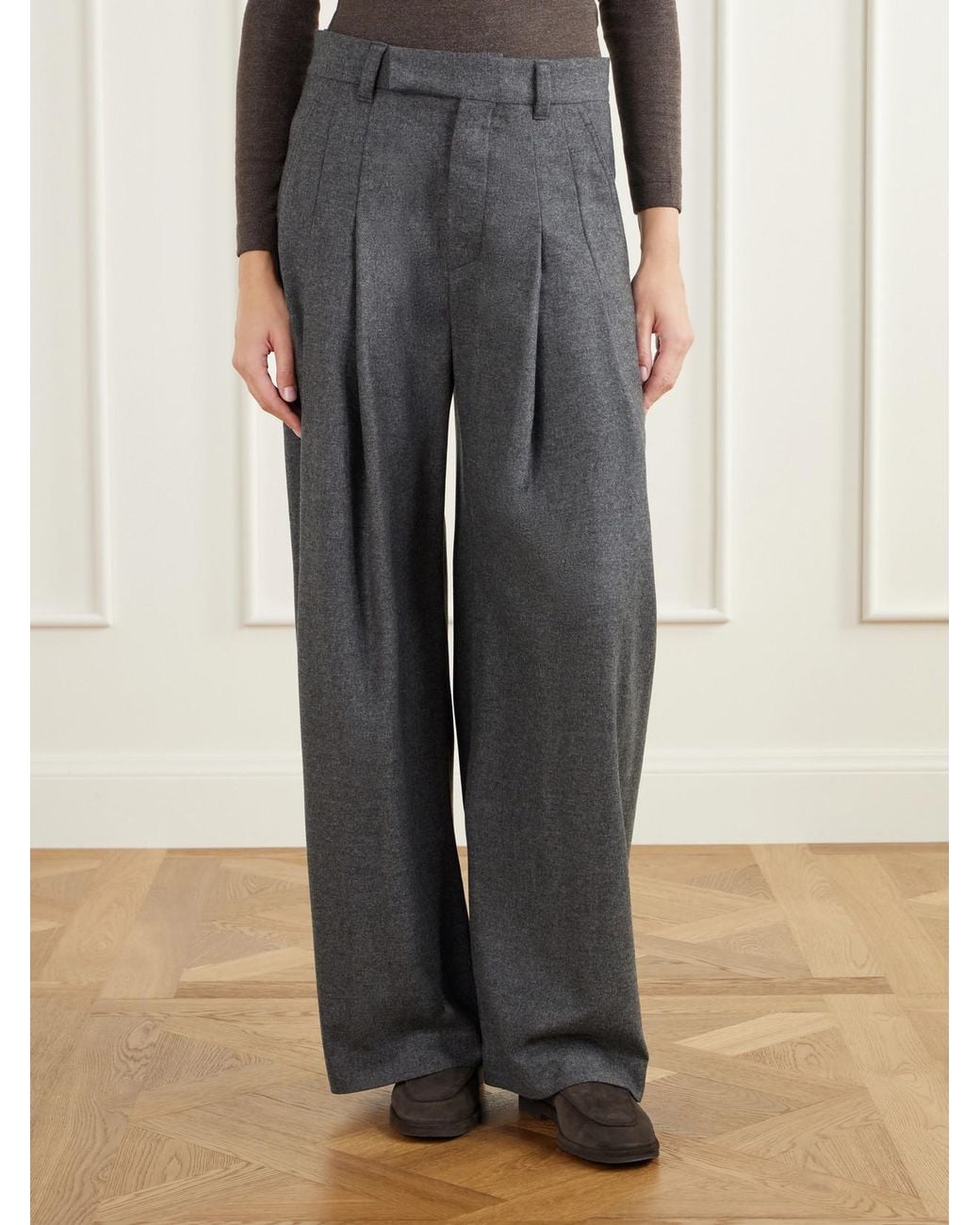 Brunello Cucinelli Gray Pleated Wool And Cashmere-Blend Woven Wide-Leg Pants