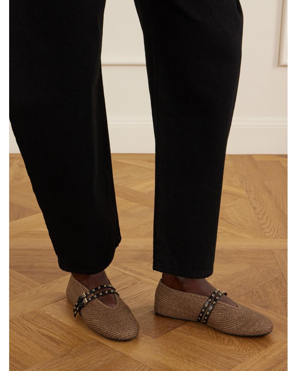 Alaïa Brown Leather-Trimmed Raffia Ballet Flats