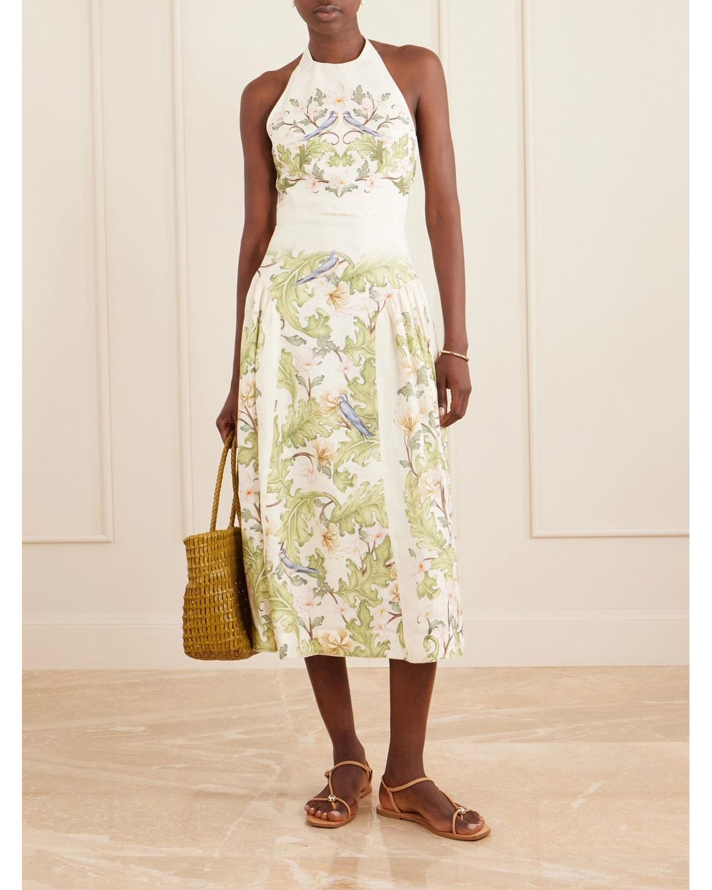 Agua Bendita White Balsa Anhelo Embellished Printed Halterneck Linen Maxi Dress