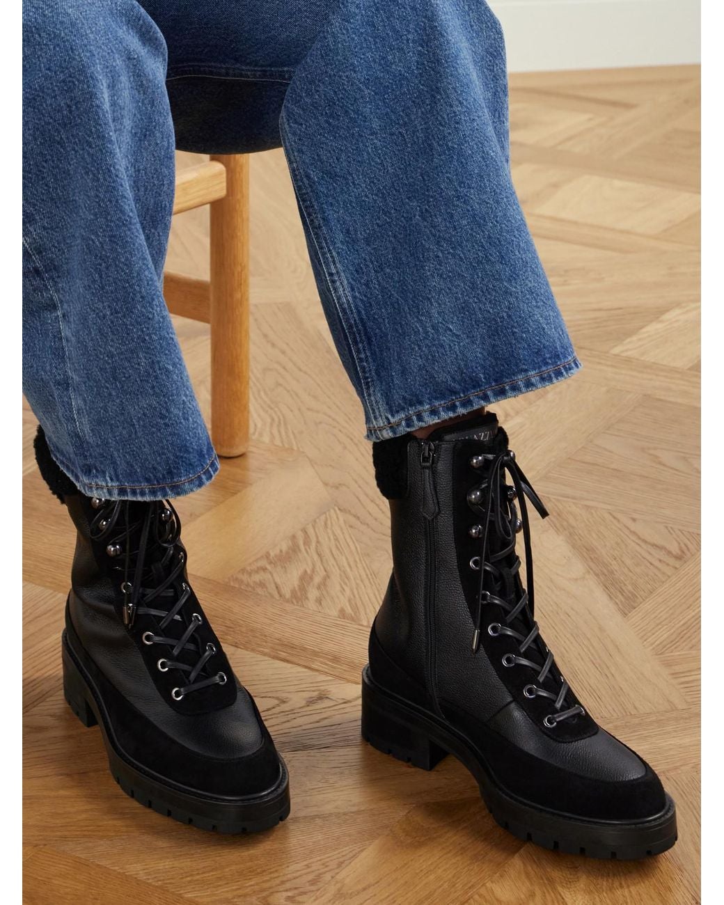 Aquazzura Black Very Cortina Shearling And Suede-Trimmed Leather Ankle Boots