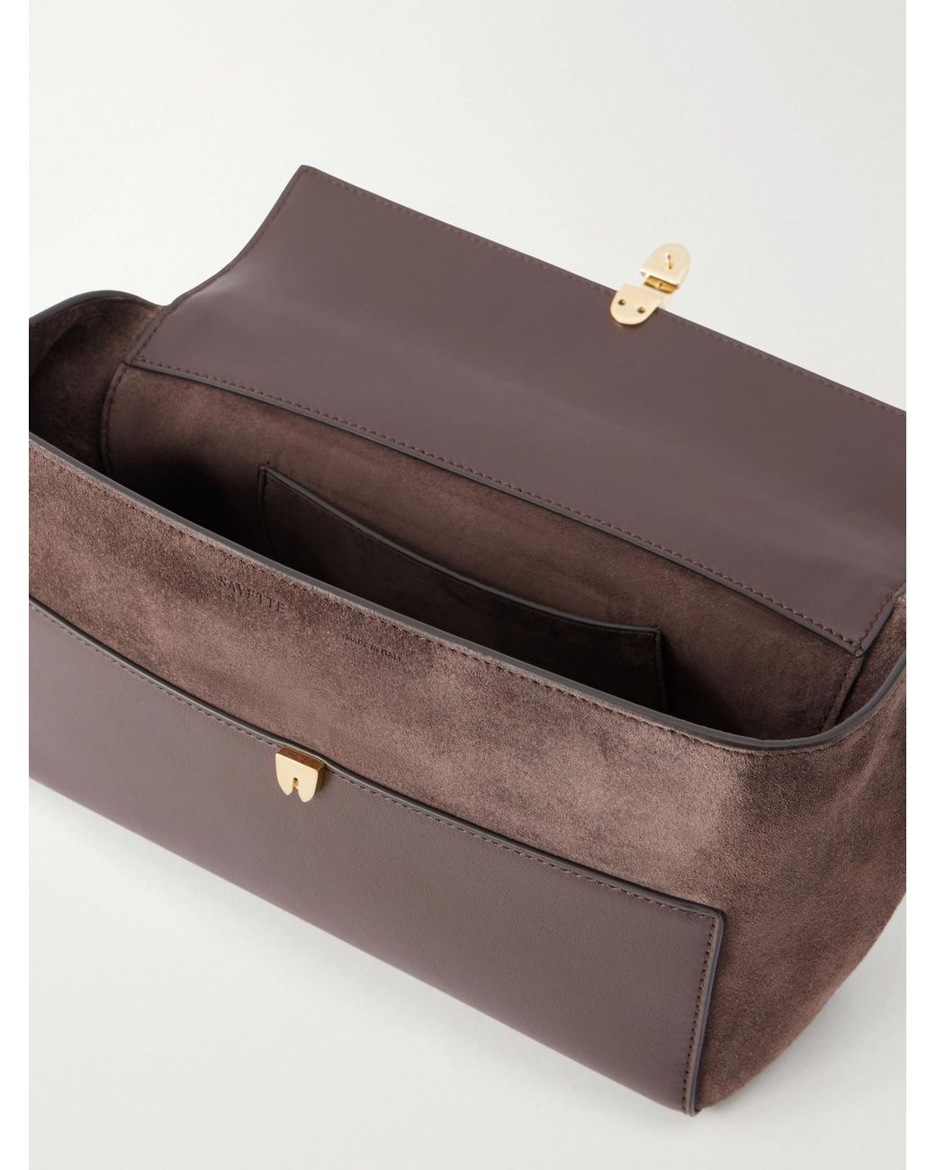 SAVETTE Brown Symmetry Trapeze Leather-Trimmed Suede Top-Handle Bag