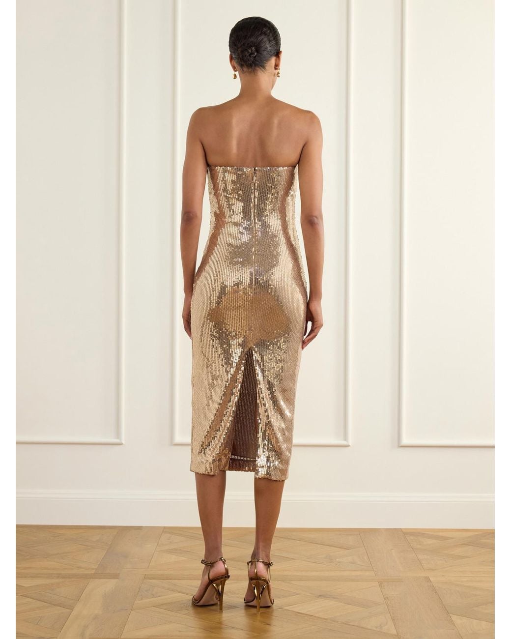 Alex Perry Natural Strapless Sequin-Embellished Midi Dress