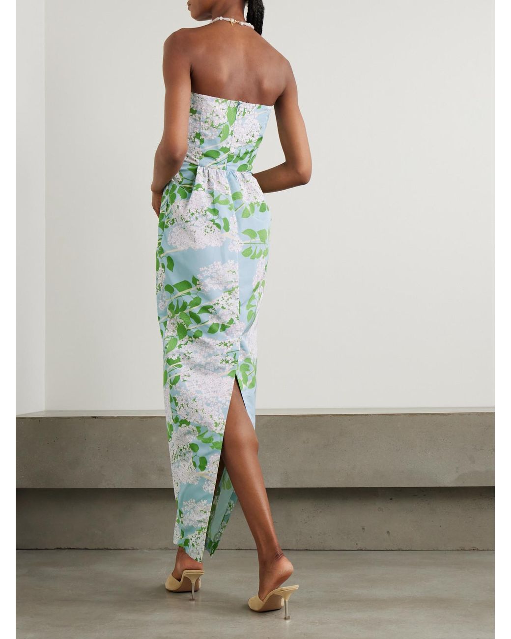 BERNADETTE Lena Strapless Floral-Print Taffeta Gown in Green | Lyst