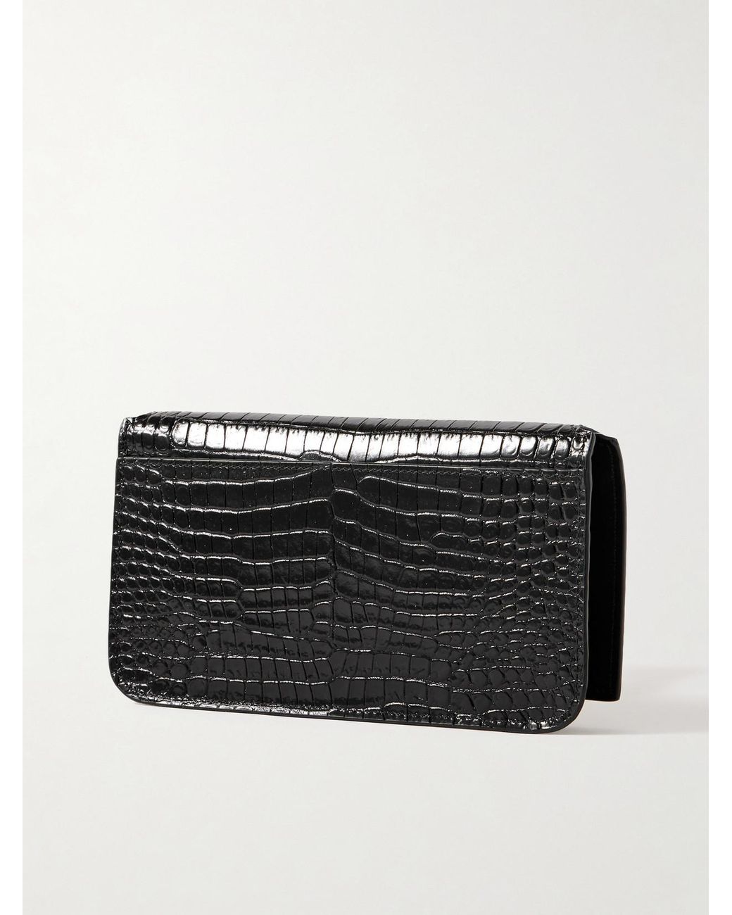 Saint Laurent Black Cassandre Croc-Effect Leather Phone Pouch
