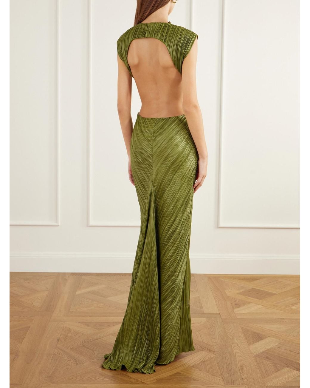 Cult Gaia Green Voss Open-Back Braided Gathered Plissé Gown