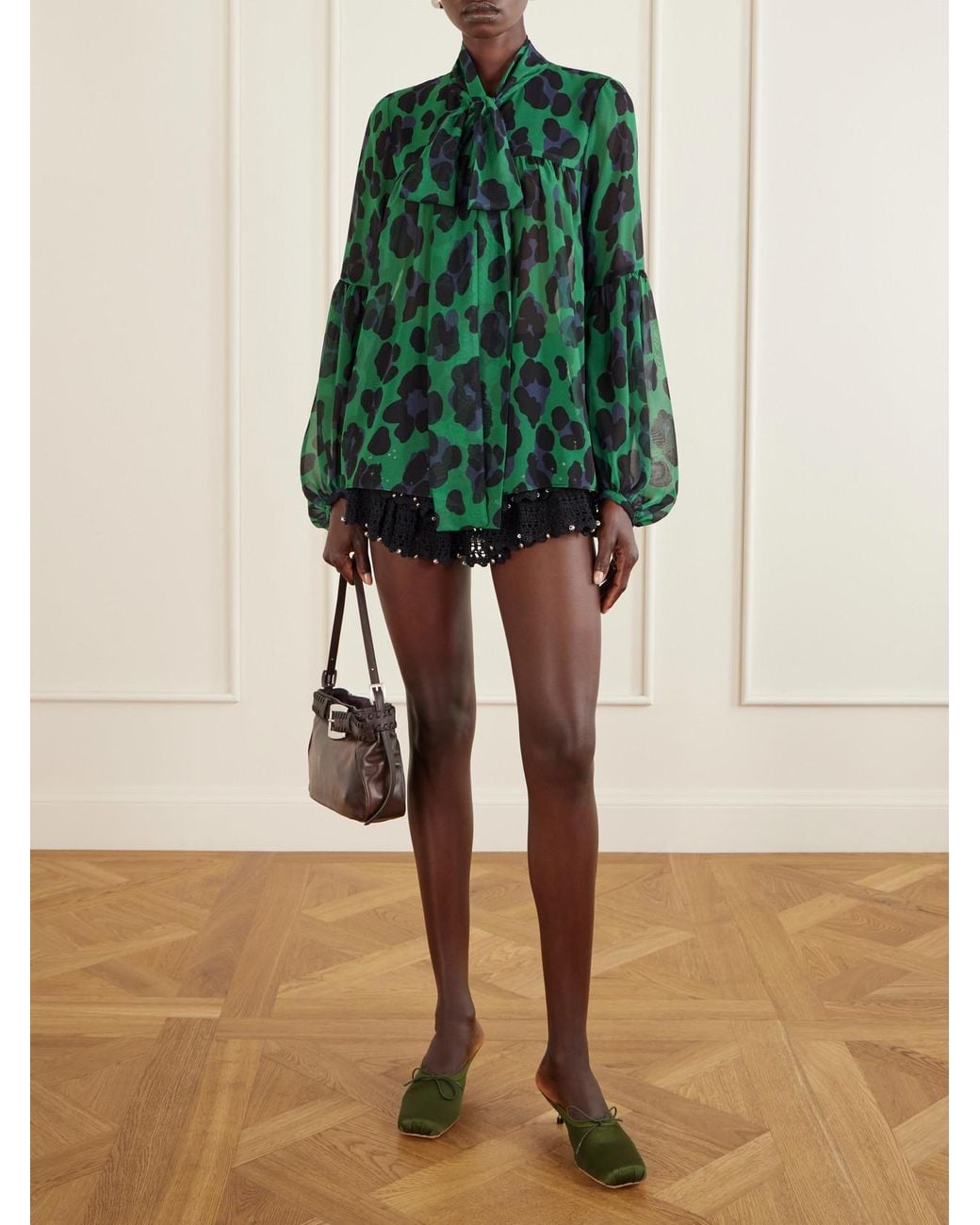 Anna Sui Green Knotted Gathered Leopard-Print Georgette Blouse