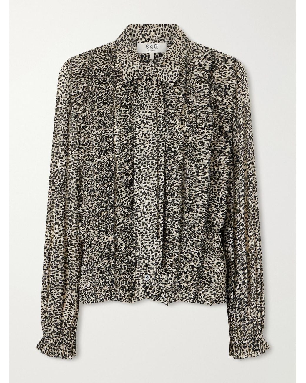 Sea Black Charlize Tie-Detailed Ruffled Animal-Print Chiffon Blouse