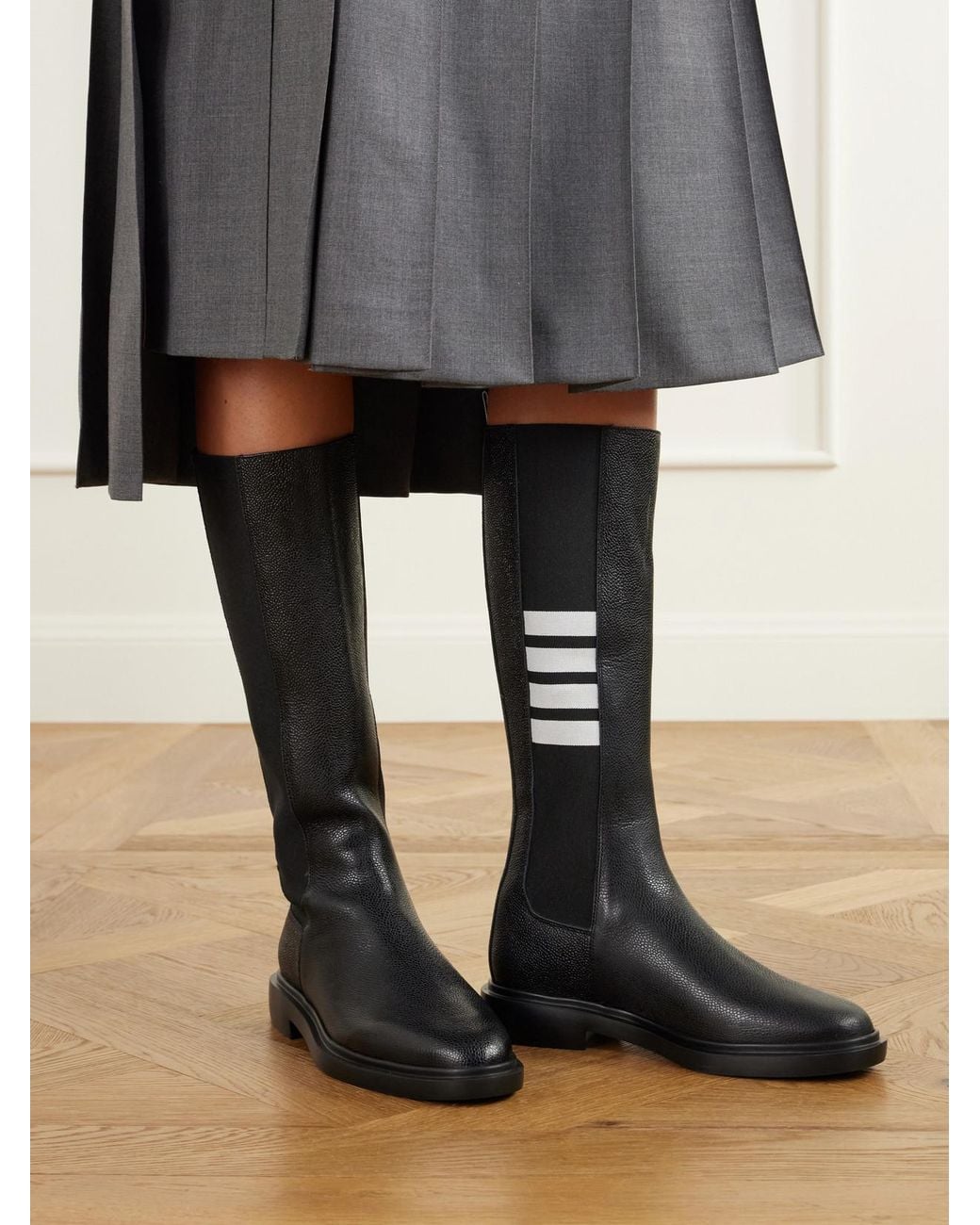Thom Browne Black Striped Full-Grain Leather Knee Boots