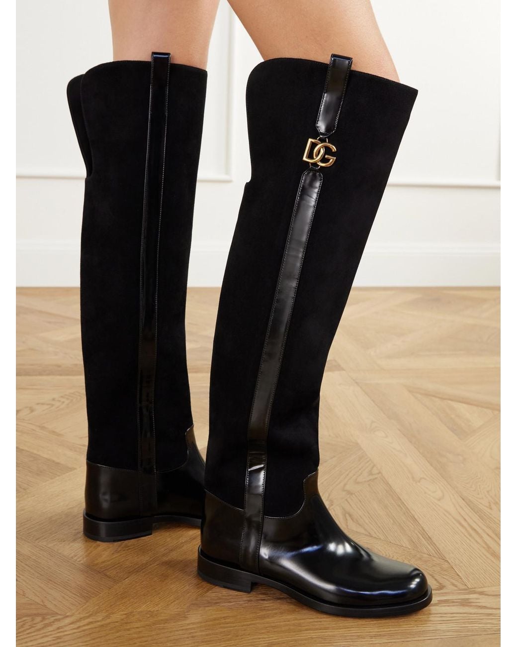 Dolce & Gabbana Black Cavallerizzo Logo-Embellished Leather-Trimmed Suede Over-The-Knee Boots