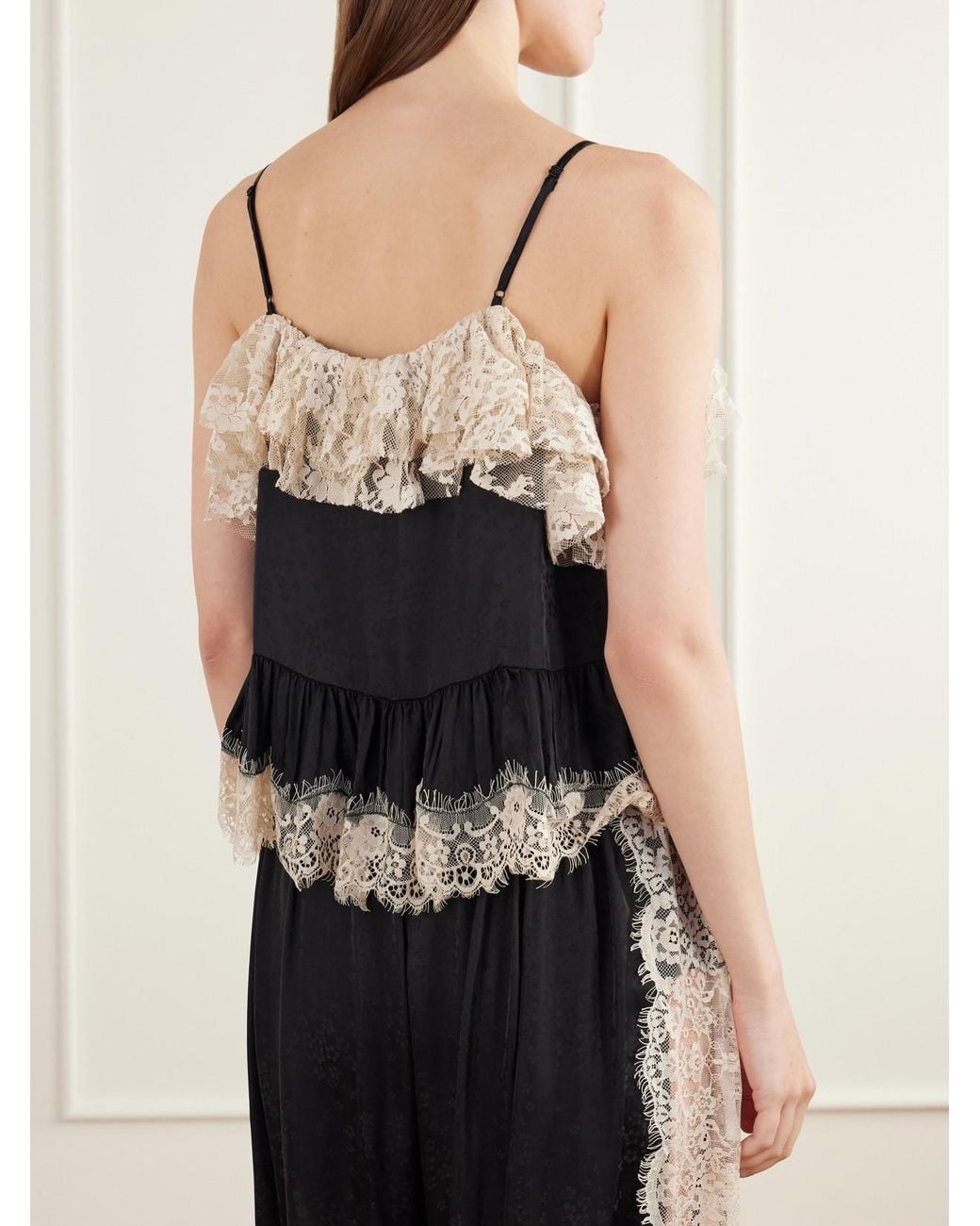 Sea Black Ethel Ruffled Lace-Trimmed Floral-Jacquard Satin Cami
