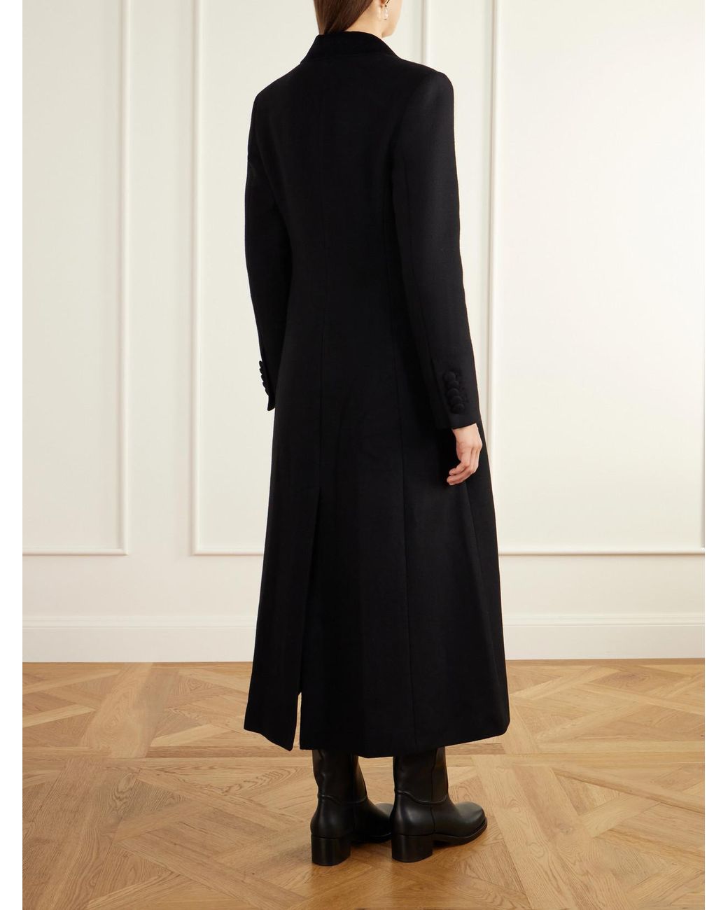 D'Estree Black Maria Velvet-Trimmed Wool-Felt Coat