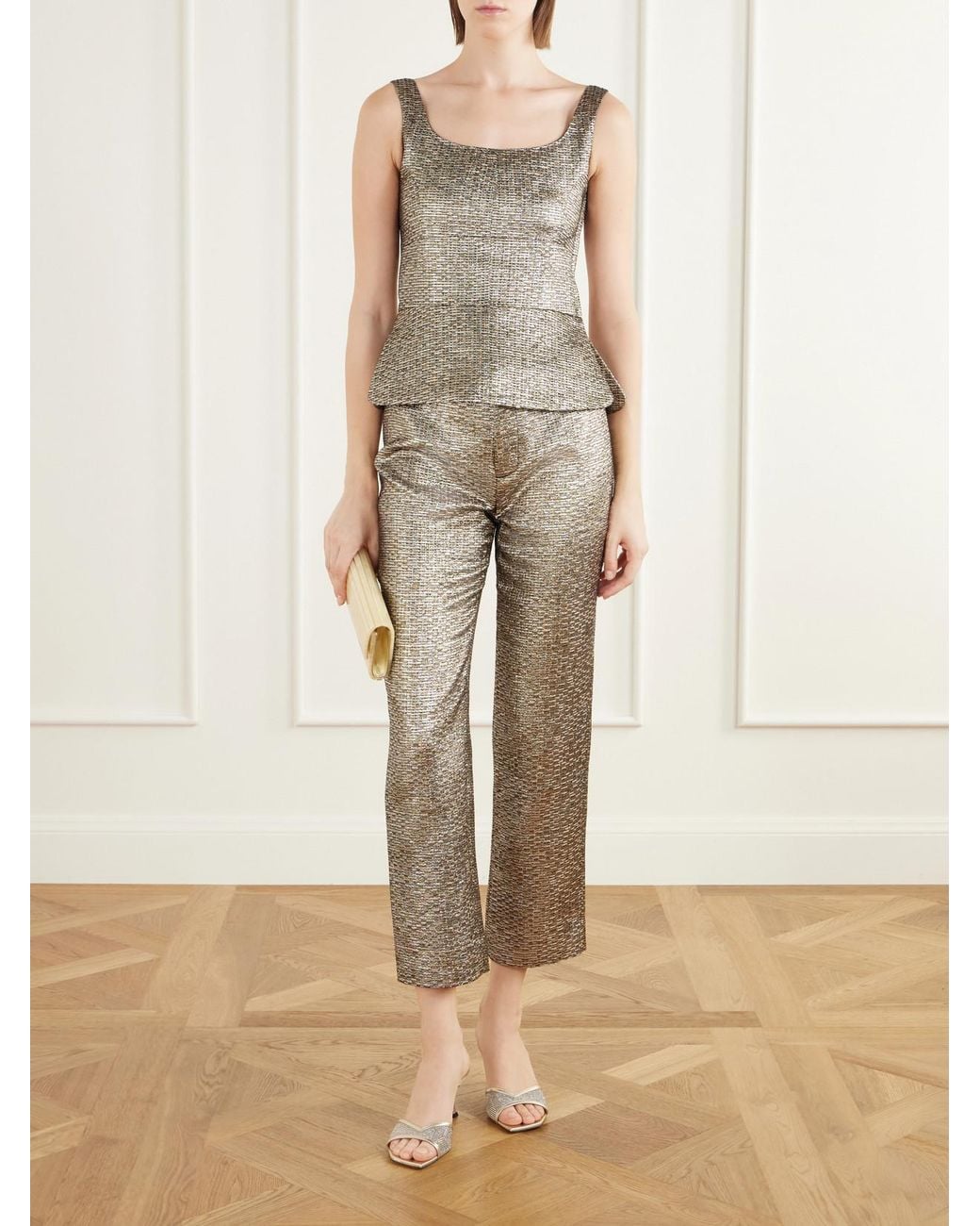 LIBEROWE Brown Peplum Textured Metallic Jacquard Bustier Top