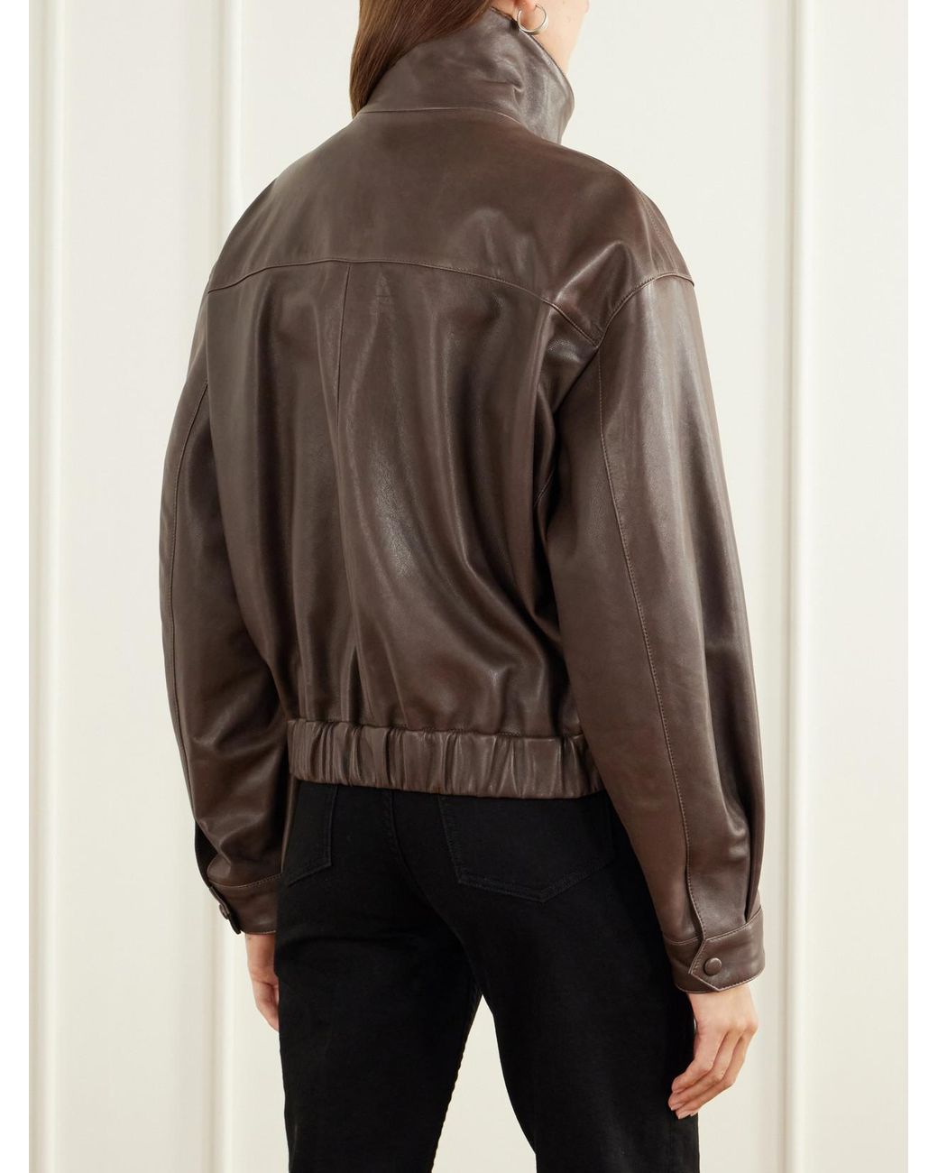 Nour Hammour Brown Quincy Cropped Paneled Leather Bomber Jacket