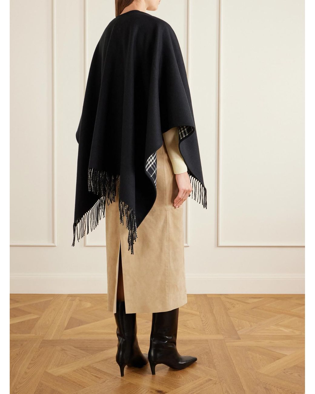 Burberry Blue Reversible Fringed Checked Wool Cape