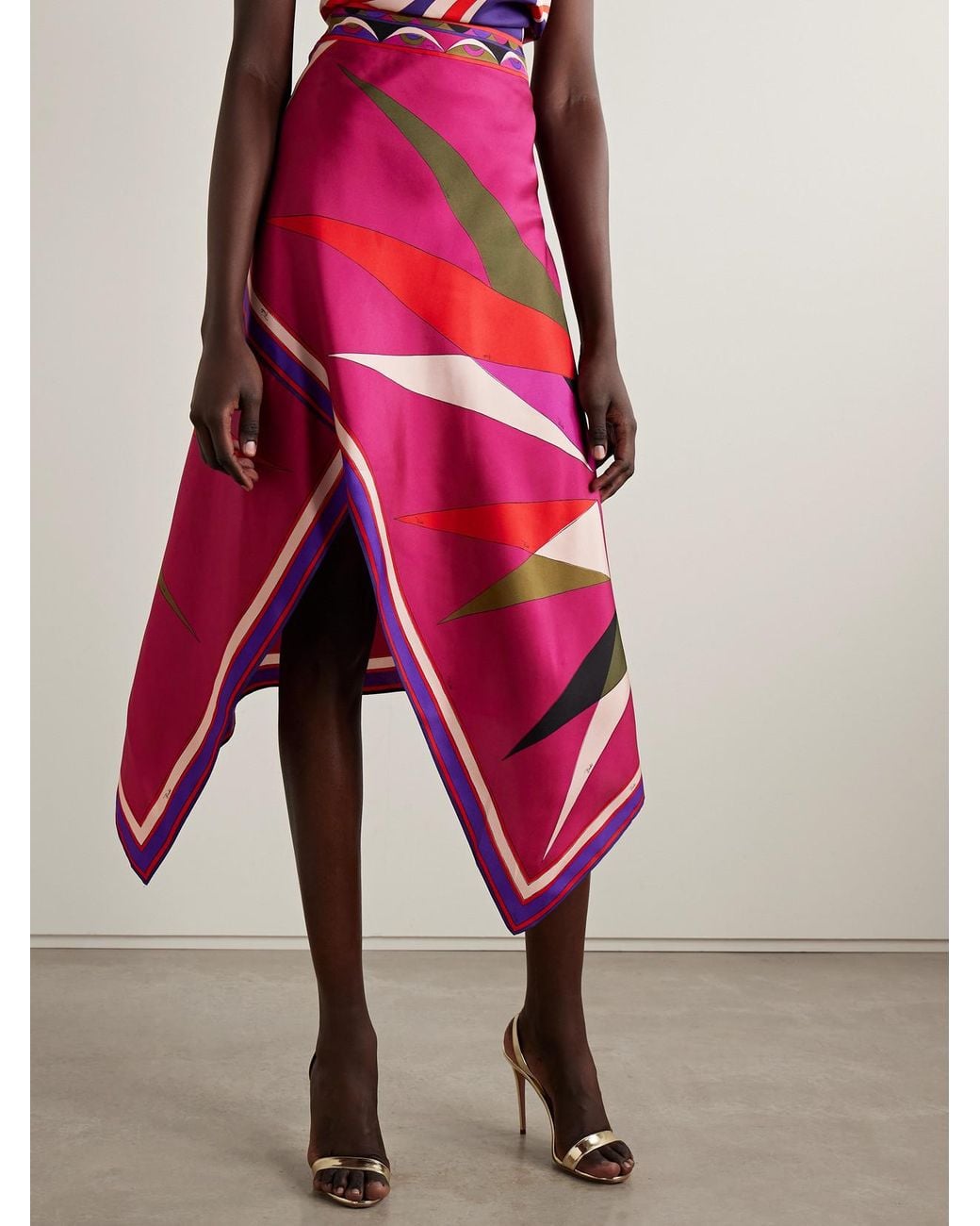 Emilio Pucci Pink Asymmetric Printed Silk-Twill Maxi Skirt