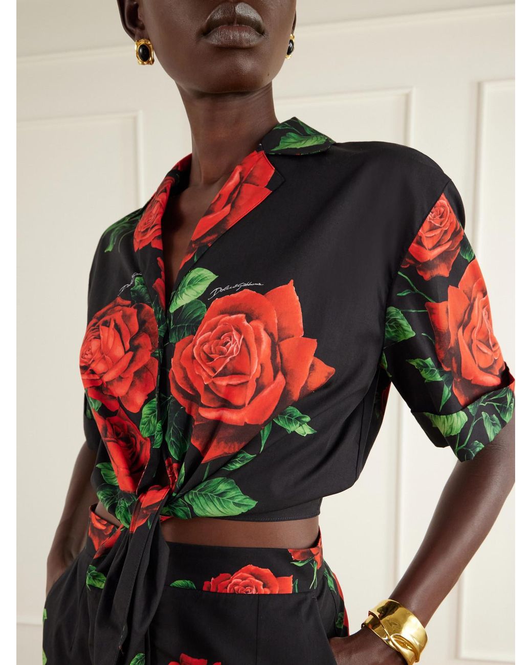 Dolce & Gabbana Red Tie-Detailed Floral-Printed Cotton-Poplin Cropped Shirt