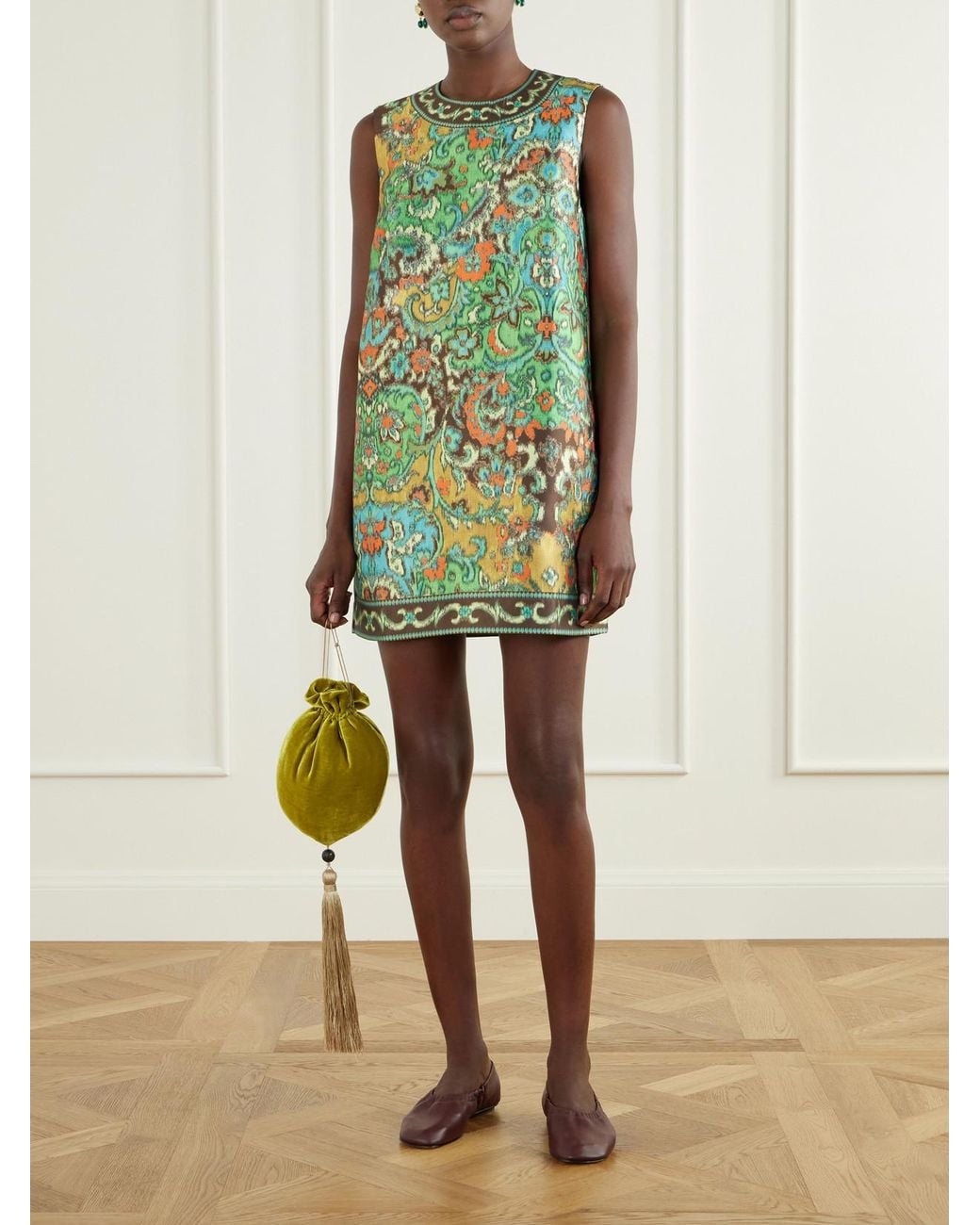 ALÉMAIS Green Charlotte Floral-Jacquard Satin Mini Dress