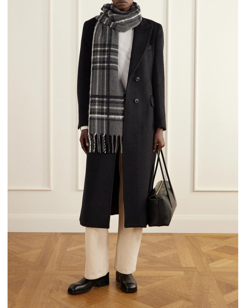 Johnstons Gray Mull Fringed Checked Wool, Cashmere And Silk-Blend Scarf