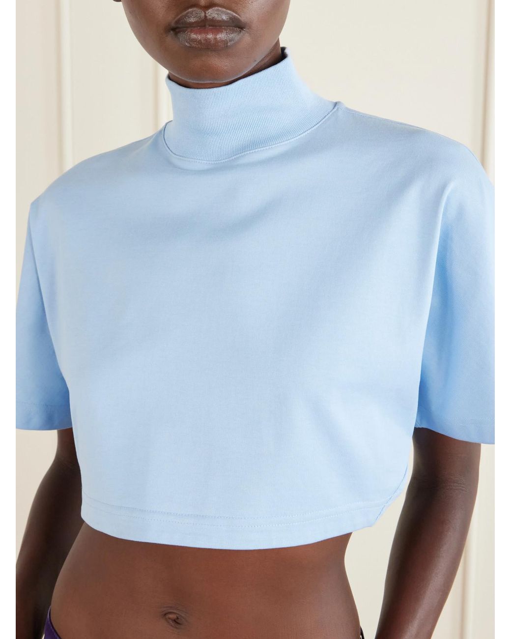 Alaïa Blue Cropped Cotton-Jersey Turtleneck T-Shirt