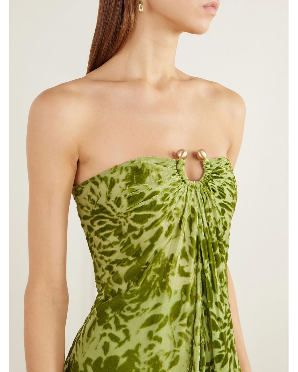 Cult Gaia Green Renay Strapless Embellished Gathered Devoré Bustier Maxi Dress