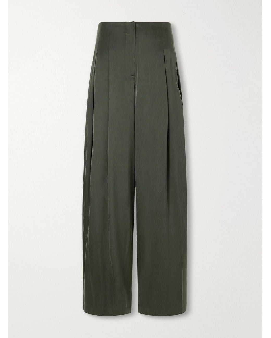 Twp Green Drew Pleated Silk-Blend Charmeuse Mid-Rise Wide-Leg Pants
