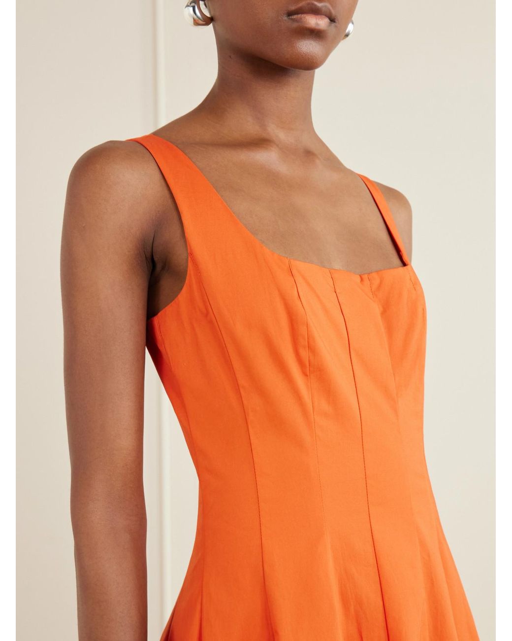 Staud Orange Wells Pleated Cotton-Blend Poplin Midi Dress