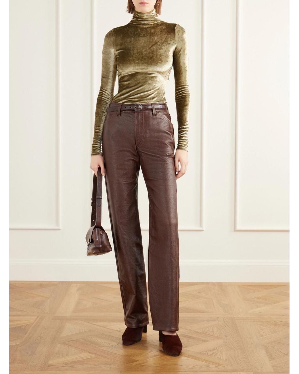 Lemaire Brown Textured-Leather Straight-Leg Pants