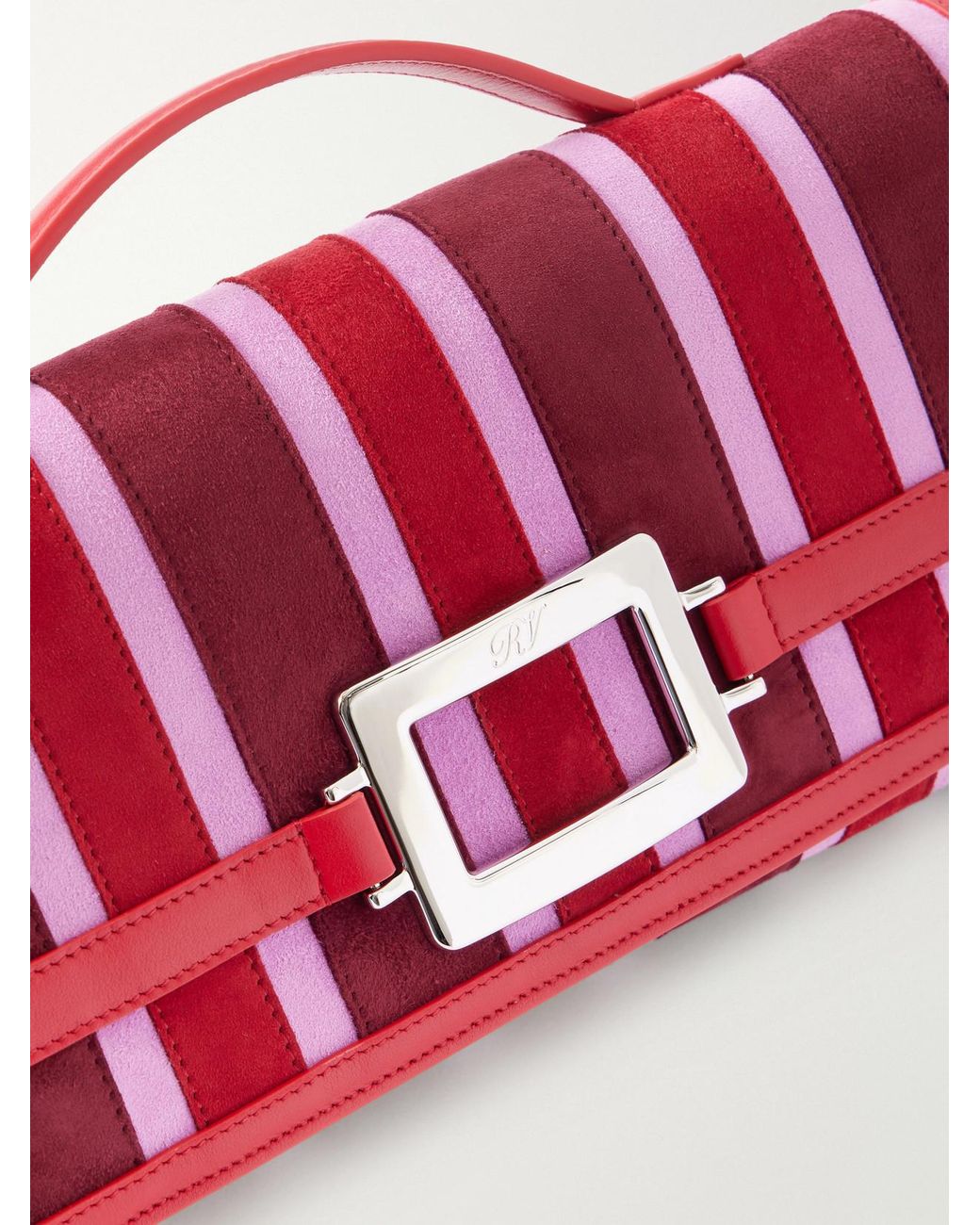 Roger Vivier Red Belle Vivier Buckled Leather-Trimmed Striped Suede Clutch